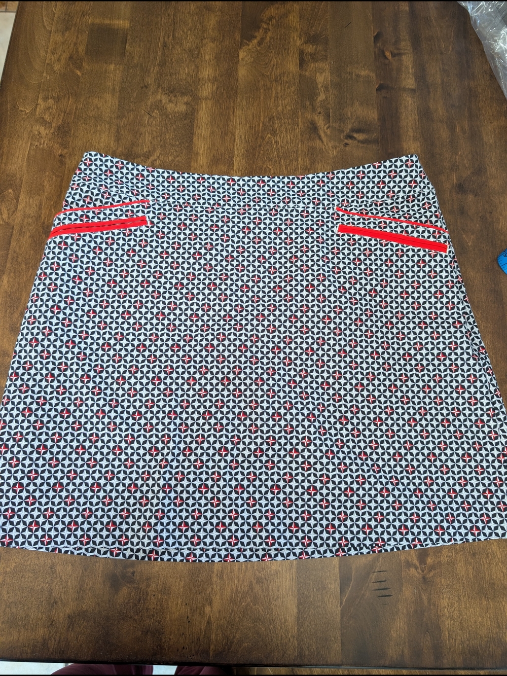 Geometric Print A-Line Skirt with Red Trim